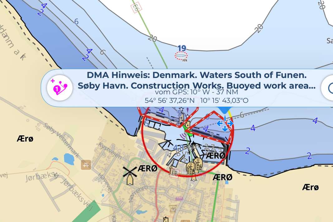 La zone interdite autour de la jetée de Söby apparaît directement sur la carte marine.