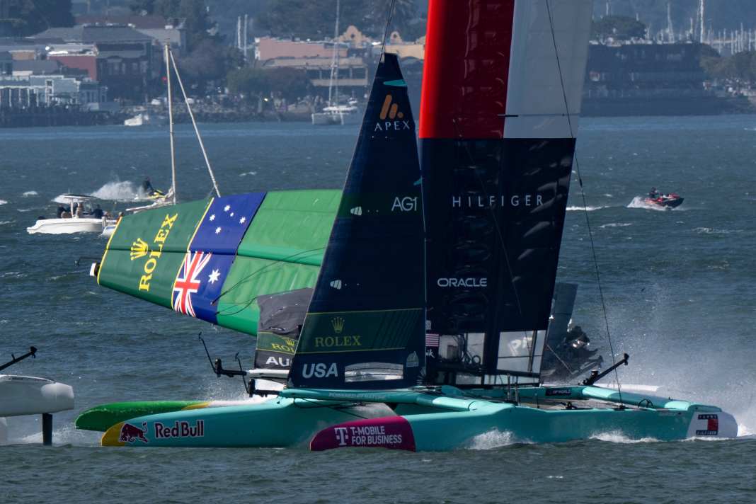 The US team gets away, while the Australian sailing wing collapses.