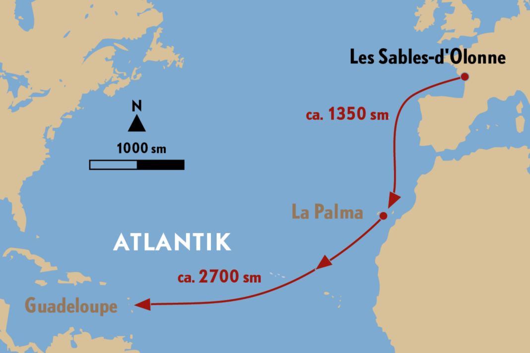 Die Strecke führt alle zwei Jahre in zwei Etappen von der Vendée aus in die Karibik, wobei das erste Teilstück als das härtere gilt. Bislang nahmen 19 deutsche Boote teil | Karte: YACHT