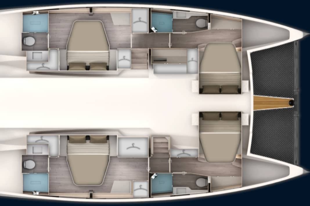 Standard layout with 4 cabins and 4 bathrooms. The double berths are all installed at right angles to the direction of travel
