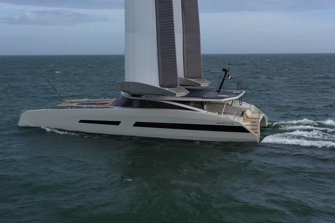 First test runs with installed wing sails. The wings are said to be around 35 per cent more efficient than a conventional sail plan with the same surface area.