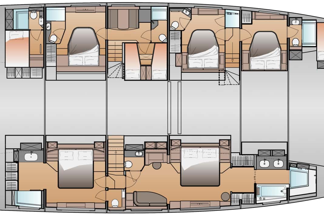 5 cabine, 3 zone equipaggio. La suite armatoriale, comprensiva di ufficio e bagno XL con vasca, si trova nello scafo di dritta, di fronte alla cabina VIP.