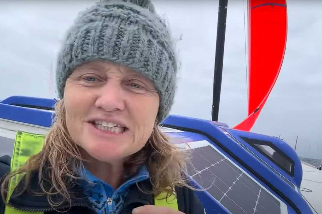 A deck spreader serves Pip Hare as a distress rig. She logs 2 to 3 knots with the storm jib. However, she is working on a larger sail