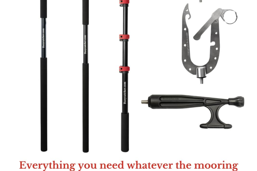 Mooring line grabber, line threader and classic boat hook can be mounted on the telescopic pole.
