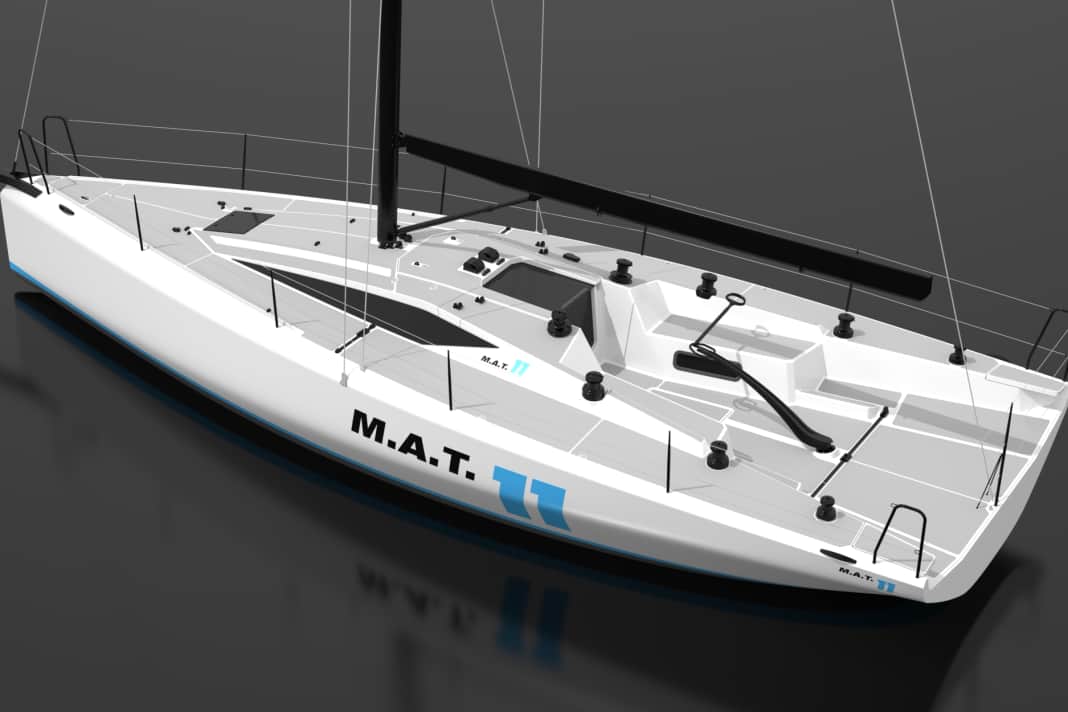 The genes of a racing machine: eight winches, short cabin superstructure, open cockpit and tiller steering.