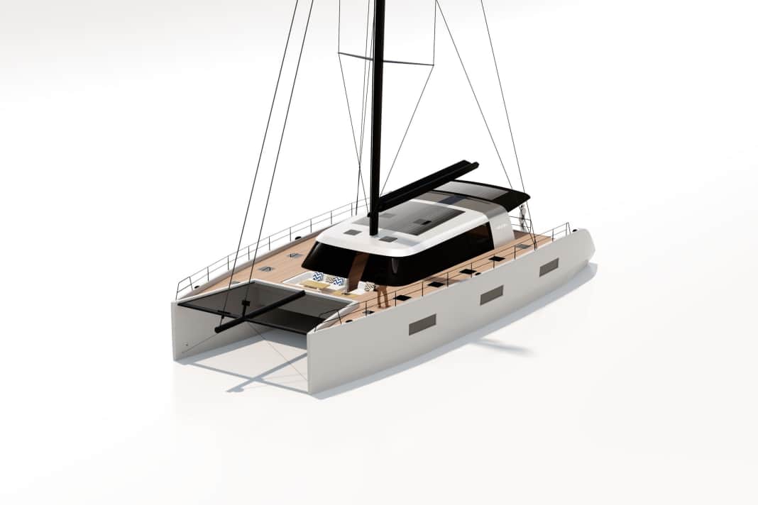 La nuova ammiraglia Vaan R8 è lunga 23,80 metri e larga 11 metri. Lo scafo e la coperta sono realizzati in alluminio riciclato. | Rendering: Vaan Yachts