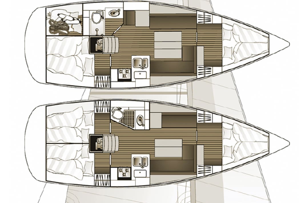 Bavaria 36: Großvolumige Fahrtenyacht, als Zweikabiner mit riesiger Nasszelle. Zumeist mit Rollreffmast ausgestattet | Zeichnung: A. Hoppenhaus