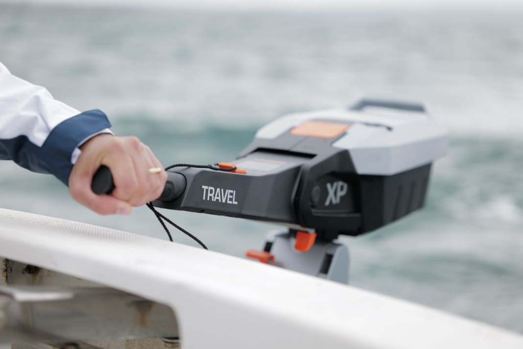 The Travel XP in action, the tiller is fixed to the motor and can be folded down for storage