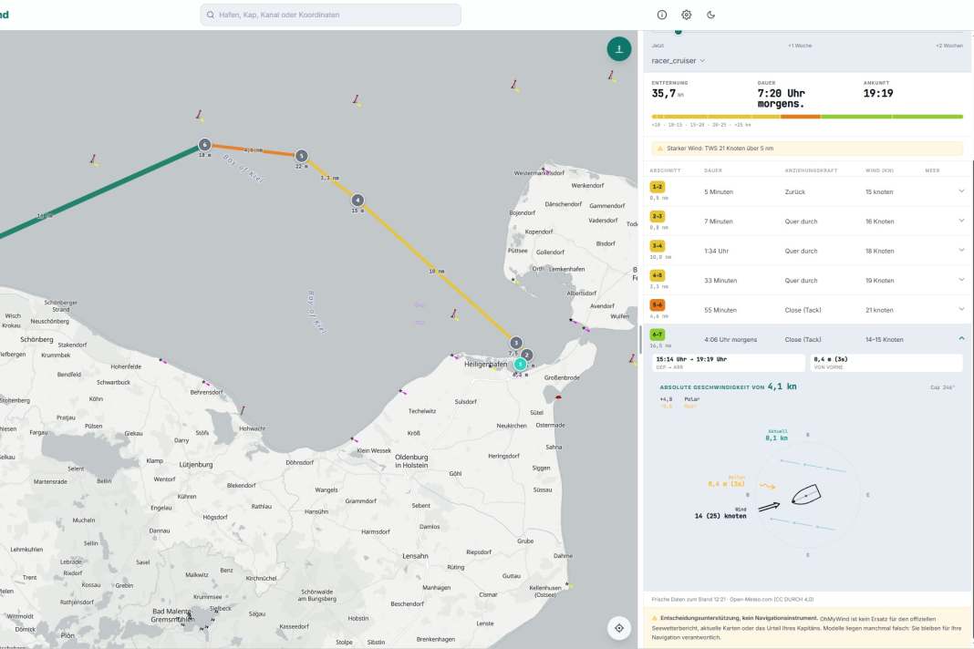 Die Route wird Wegepunkten auf einer simplen Openseamap-Karte festgelegt. OhMyWind wählt das passenden Wettermodell und berechnet die Fahrzeiten und Windeinfallswinkel. Kreuzkurse sind nur an der geringen VMG zu erkennen.