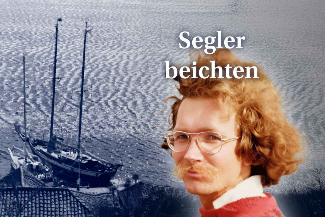 Leser Timm Weski 1976, im Hintergrund der Stagsegelschoner.