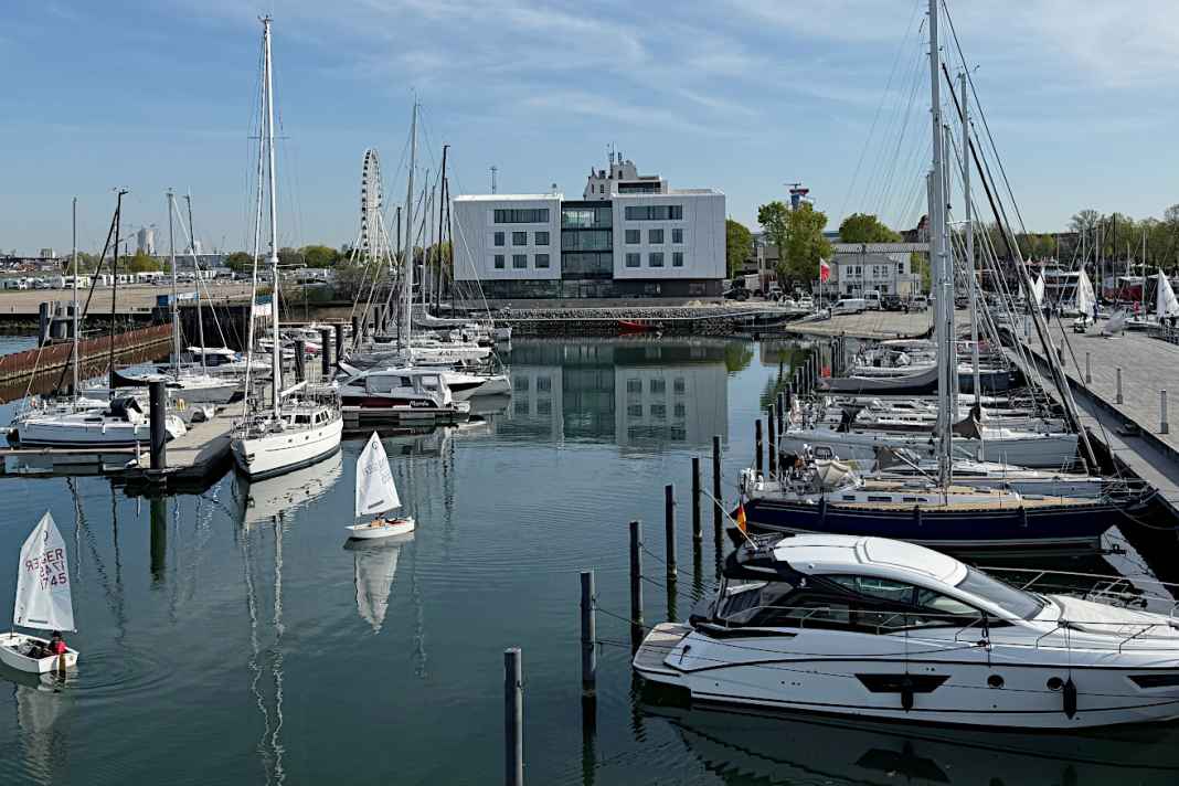 The new sports school, with the new marina in front of it.