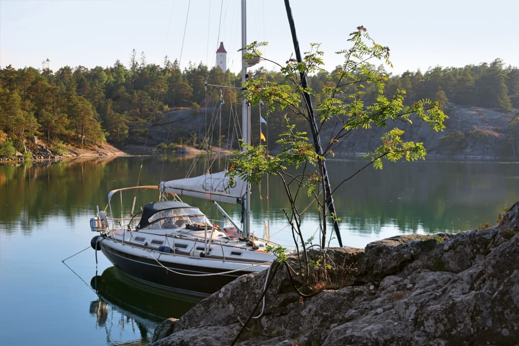 A midsummer night's dream. The Mays' "Luna", moored to the rock of the Sparö archipelago, an island off Västervik in south-east Sweden