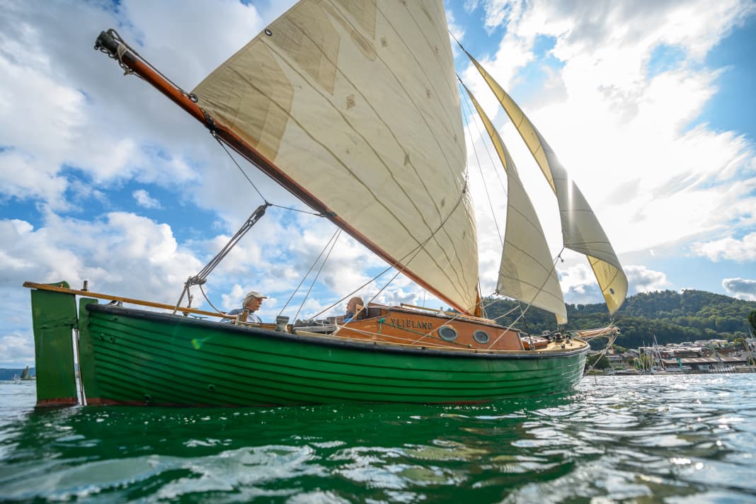 Peter Lenk at the tiller of his 3.5 tonne "Vlieland", which is made of textured sheet steel