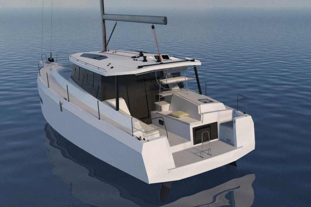 Catamaran features: cabin superstructure with bimini top, raised helm station, wraparound windows.