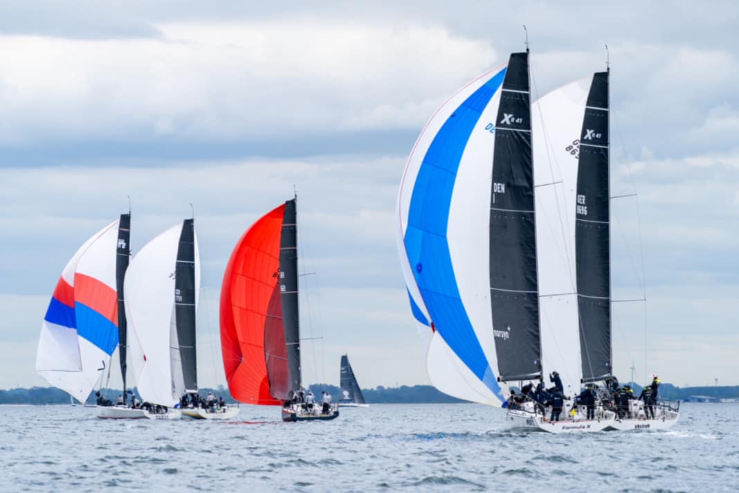 Looking into the stern of the two new XR41 yachts at the MaiOR regatta. Outside sails Jens Kuphal's "Exciter", next to her the Danish "Formula X".