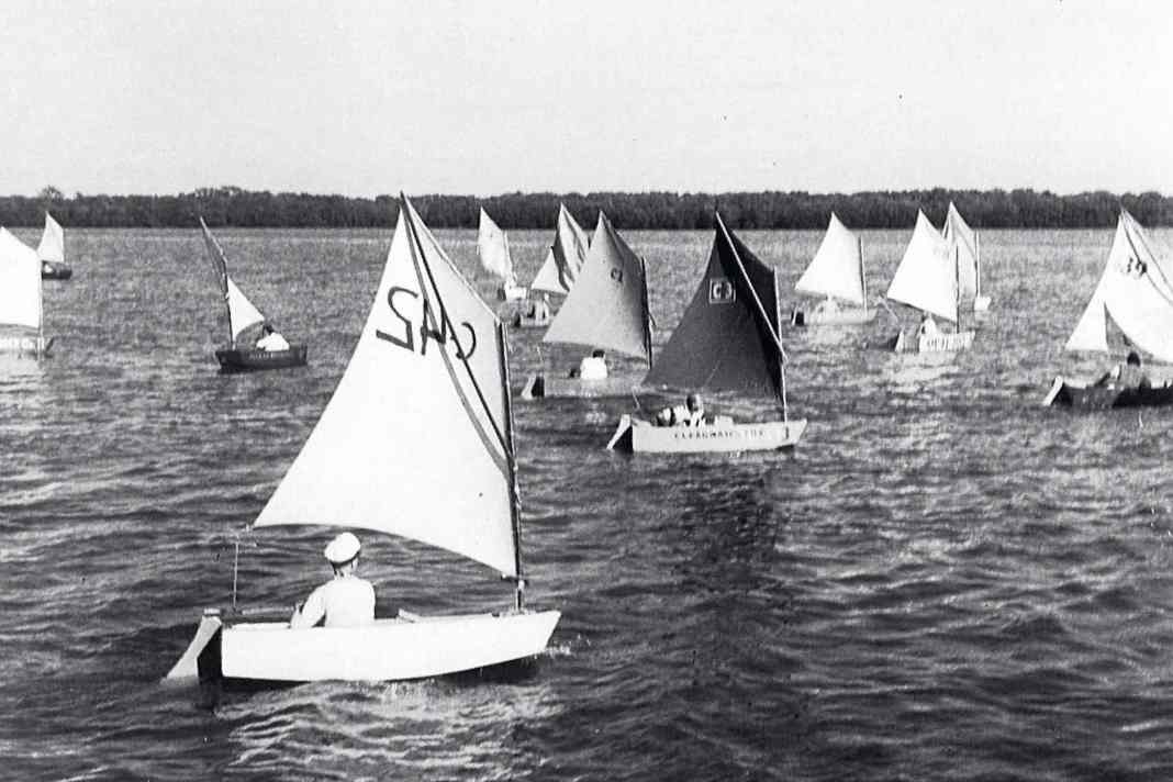 First regattas off the beach in Clearwater, Florida, USA. The sponsors' logos in the sails