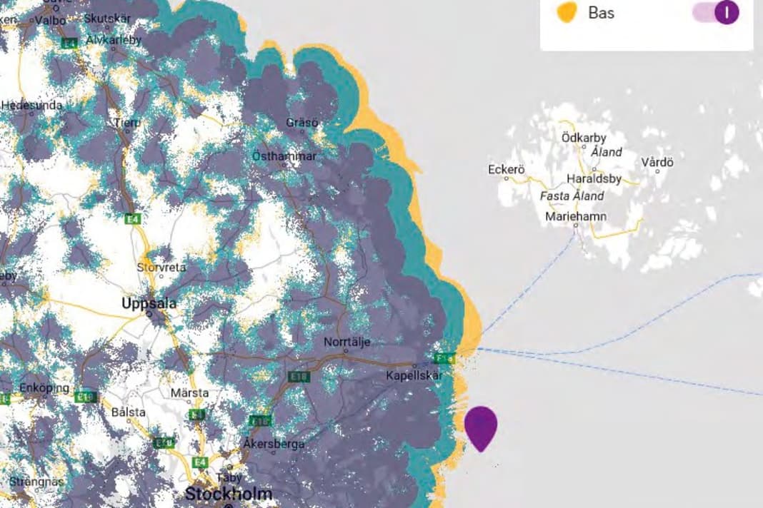 Abdeckung des Telia-5G-Netzes rund um Stockholm. Wirklich schnell ist das Netz über Land, im grünen Streifen ist LTE gleichwertig