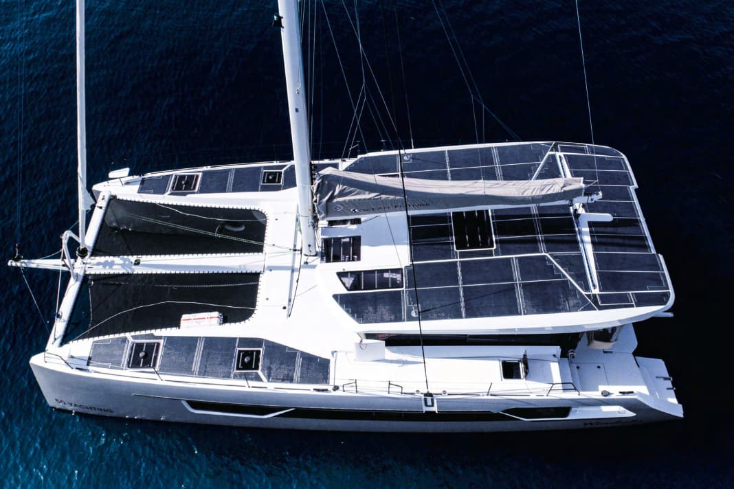 The cabin roof and forward decks were fitted with flexible, walk-on solar cells. As they are less efficient than rigid modules, a large number have been installed. Wind generators are optional