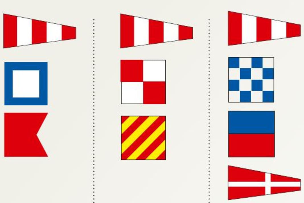 Bei Code Papa Bravo (l.) werden Minen geräumt. Übungen zeigen die Flaggen Code Uniform Yankee (M.) an. Code November Echo Four (r.) weist auf Schießübungen hin.