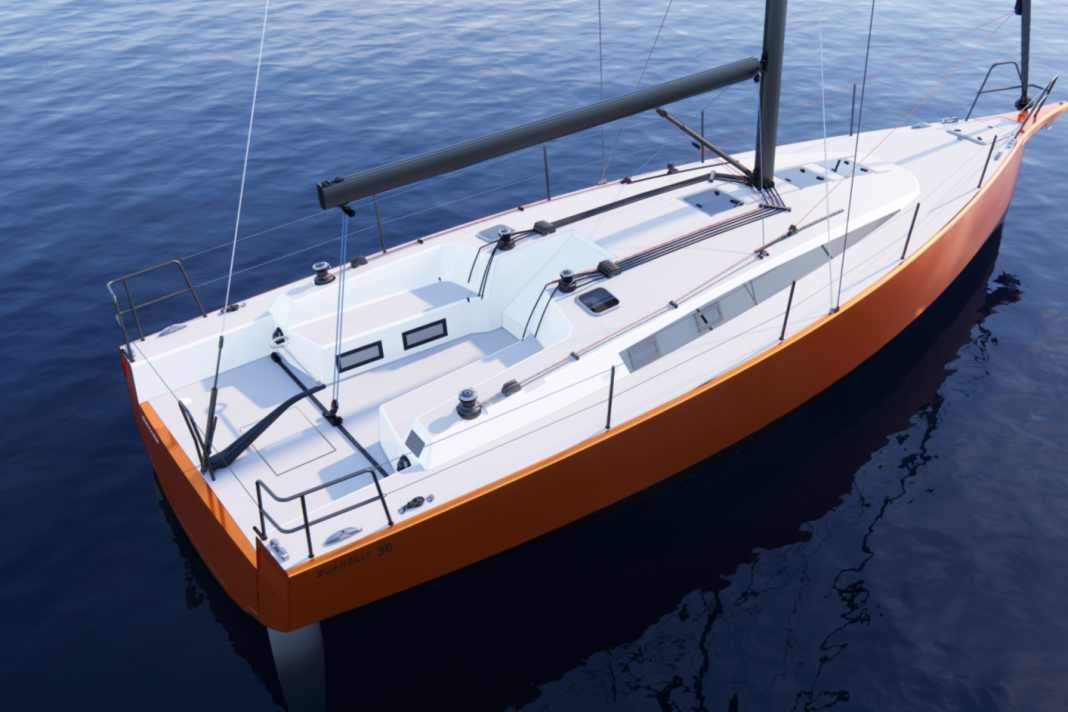 Concetto sportivo: timone a barra, timoniere in pozzetto, genoa sovrapposto.