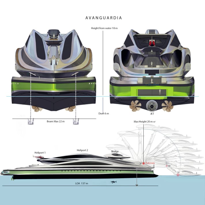 The dimensions: When the gooseneck is extended, the concept is 157 metres long. Maximum height: 20 metres. | r.