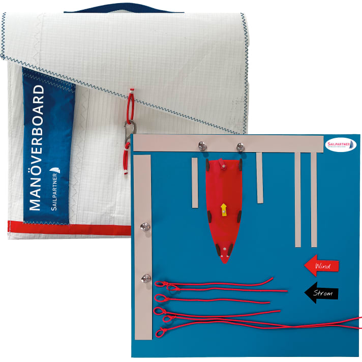 Die Platte sowie alle Leinen und Magnete werden in einer Tasche aus ausgemustertem Segeltuch verstaut