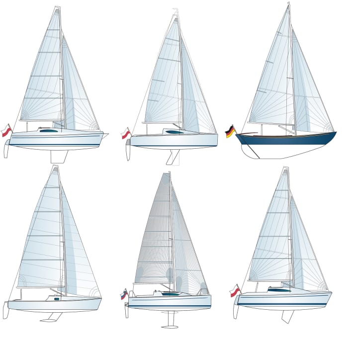   Crack drawings of the Viko 23, Storm 22, Scangaard 21 (top, from left) and the Fox 22, Elan 210, Deltania 22 (bottom, from left)