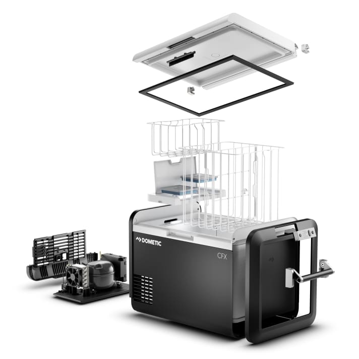 Exploded view of the cool boxes. The contents of the larger models can be organised in mesh baskets