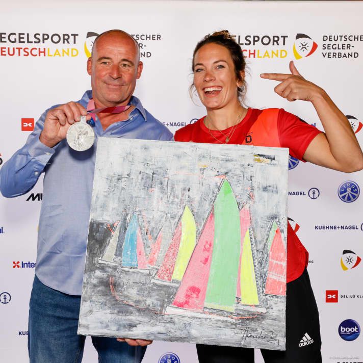  Spreading plenty of good cheer: 49erFX silver sailor Susann Beucke, whose helmswoman Tina Lutz was unable to attend due to a long-term planned holiday. Beucke thanked her Olympic coach Ian Barker in detail