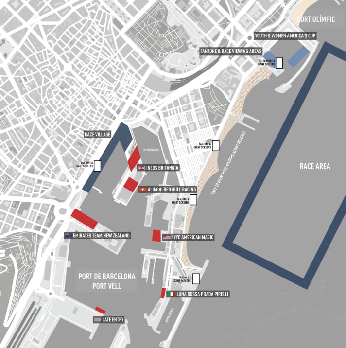 Der Überblick über die Hauptquartiere der America’s-Cup-Teams in Barcelona. Das Schweizer Team Alinghi ist bereits vor Ort, zieht aber nach Fertigstellung des künftigen Team-Heimathafens noch einmal um
