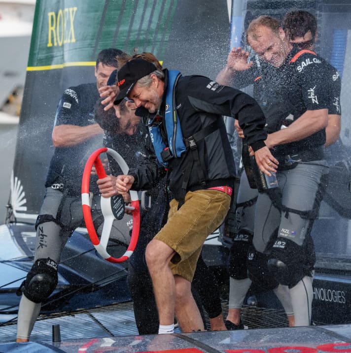 Here Crown Prince Frederik of Denmark gets wet: He celebrates winning the SailGP in Copenhagen with New Zealand's finest