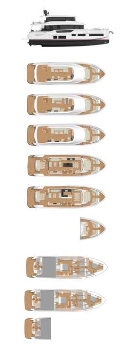 Galley: Instead of a cooking island, customers can also choose a classic L-shaped or U-shaped row.
The kitchen still remains open. Guests spend the night on the lower deck, including owners. In the VIP, the bed is at an angle. The crew can reach their berth via a deck hatch