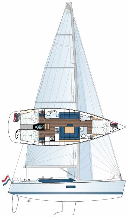 Just one of the 45 interior variants below deck. Moderate stem and deep forefoot ensure good sea behaviour.