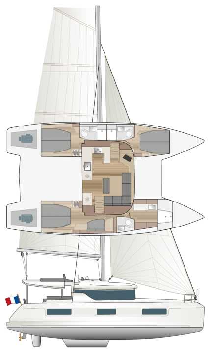 The three-cabin version with the owner's cabin to starboard. With four cabins, both hulls are identical.
