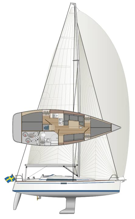 Das Boot ist nur als Zweikabiner zu haben, was in einem großen Bad und viel Backskistenstauraum resultiert | Zeichnung: YACHT/N. Campe