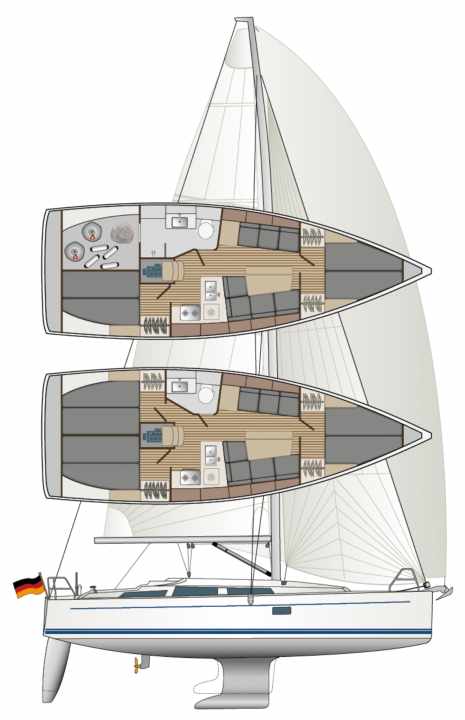 Die Wahl: zwei Achterkammern und kleine Nasszelle oder eine Heckkabine, Backskiste und Bad mit Extra-Dusche | Zeichnung: YACHT/N. Campe