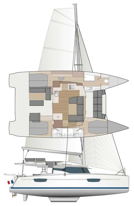 Habituellement, c'est le cas. Dans le cas du trois-cabines, une coque est aménagée en grande cabine de propriétaire. L'alternative : quatre cabines, quatre salles d'eau