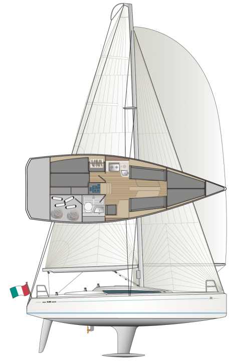 Question de jauge : franc-bord élevé, appendices profonds et élancés, surface de voile modérément importante. Un gennaker est disponible en option