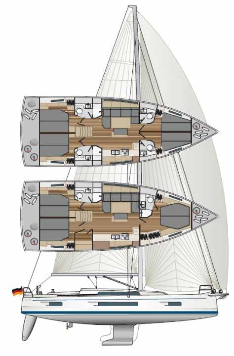Dessin de la coque du Hanse 460 : jusqu'à quatre cabines avec salle d'eau individuelle sont possibles.