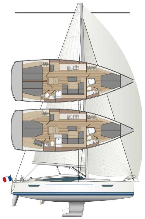 Voluminous hull, plenty of space. Variants with two or three cabins are possible