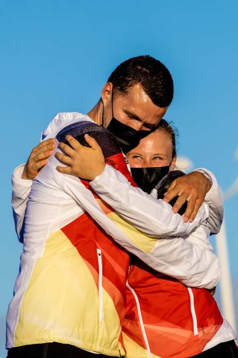 As unforgettable as the Italian Nacra 17 Olympic victory was this deeply happy embrace of the young German bronze medallists Paul Kohlhoff and Alica Stuhlemmer. Like the Azzurri, they are sailing on the Olympic course again
