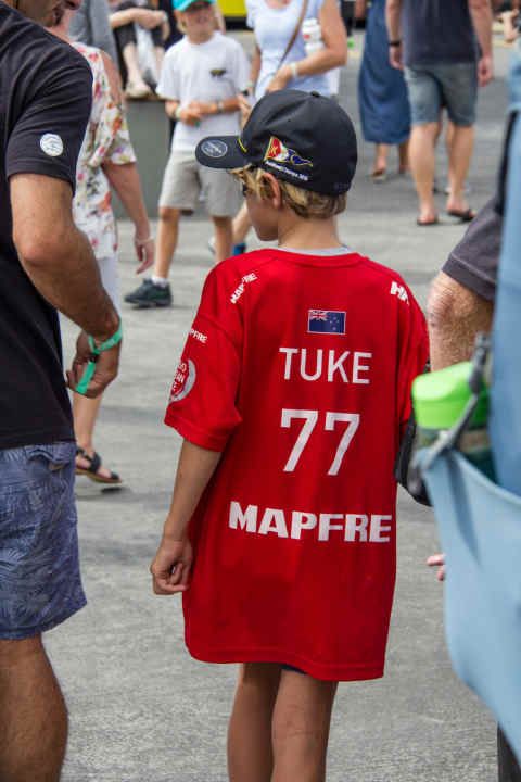   Popular fan merchandise in Auckland: the red shirt of Olympic champion and America's Cup winner Blair Tuke, who is sailing his first Volvo Ocean Race with the Spanish team Mapfre, which leads the overall standings