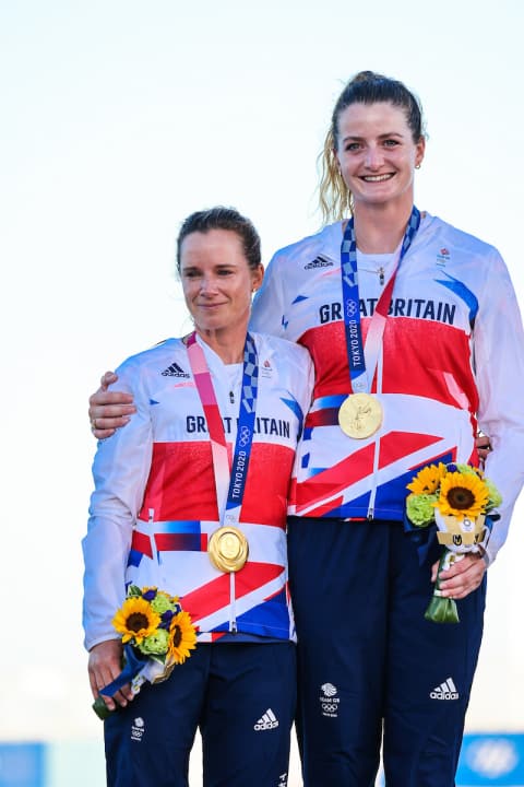   The British 470 Olympic champions Hannah Mills and Eilidh McIntyre. Welshman Mills won silver in 2012 with her then foresailor Saskia Clark and gold in 2016. The 2016 World Sailor was honoured by the Queen, carried the flag for the entire British team into the Olympic Stadium at these Olympic Games and crowned her performance today with her second gold medal