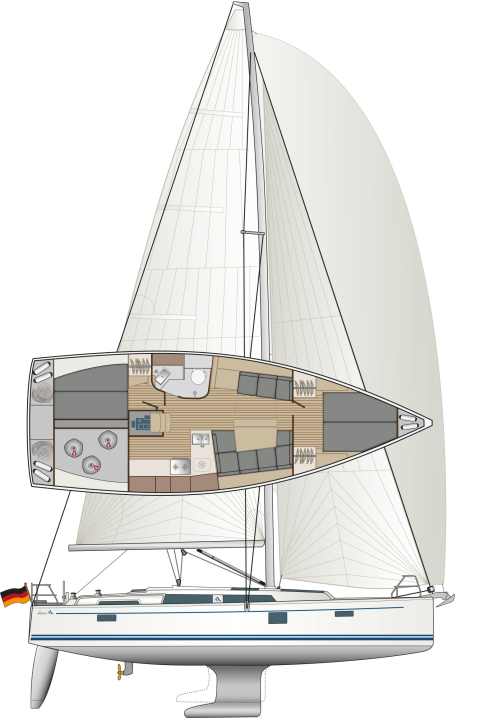 Standard. Options include a second WC forward and a second cabin aft