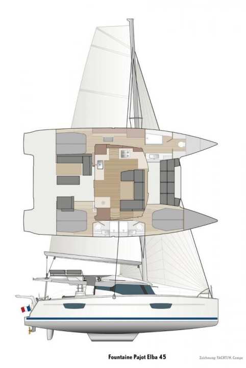   Crack drawing of the Elba 45 travelling catamaran