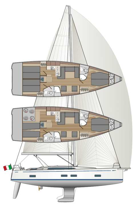 Le 42 LC dispose en standard de trois cabines et de deux salles de bains. Mais il existe de nombreuses options, y compris pour la quille et le gréement | Dessin : YACHT/N. Campe