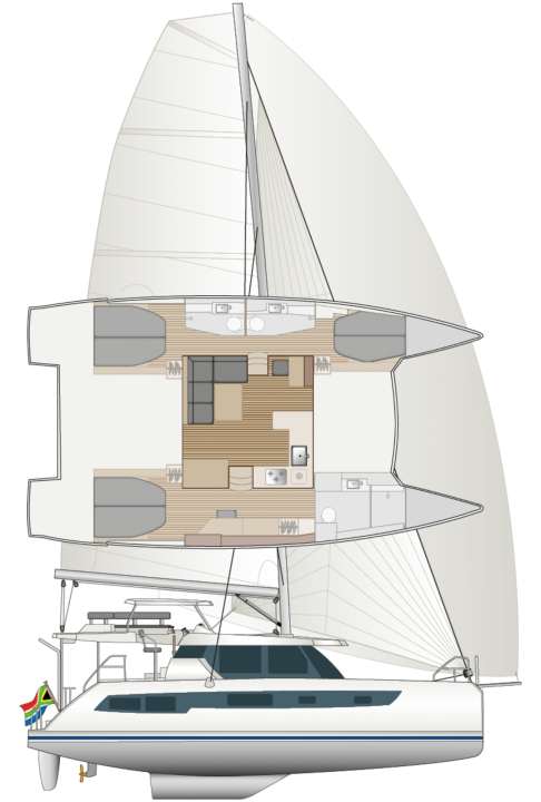 Sollevato. Il cat è notevolmente alto grazie al flybridge coperto. Il bimini si estende fino a poppa | Disegno: YACHT/N. Campe