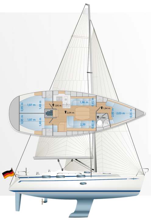 Two versions for the interior fittings. The Bavaria was built as a two- and three-cabin version. With two compartments, the bathroom moves aft.