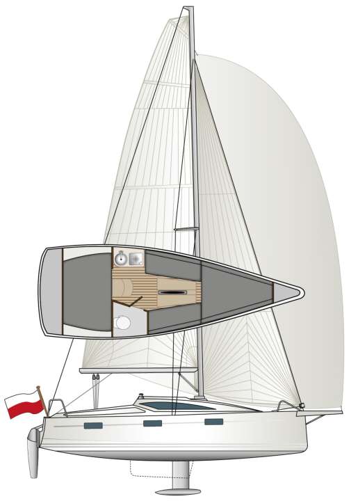 La quille pivotante est standard, la quille relevable, plus profonde et plus efficace pour la navigation, est proposée en option sous la coque.