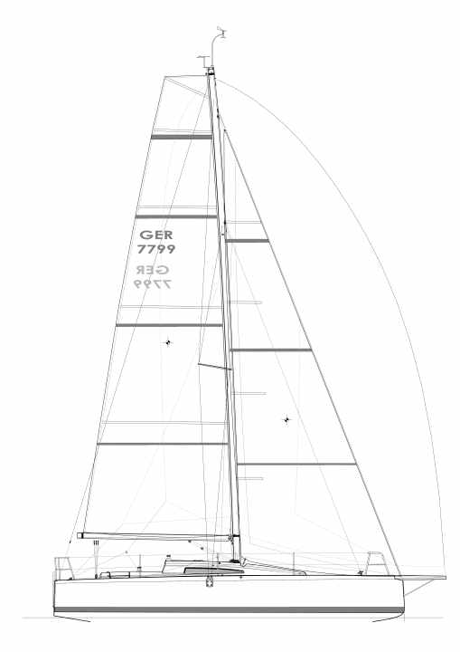 The mast is positioned almost exactly in the centre. The squarehead mainsail eliminates the backstay.